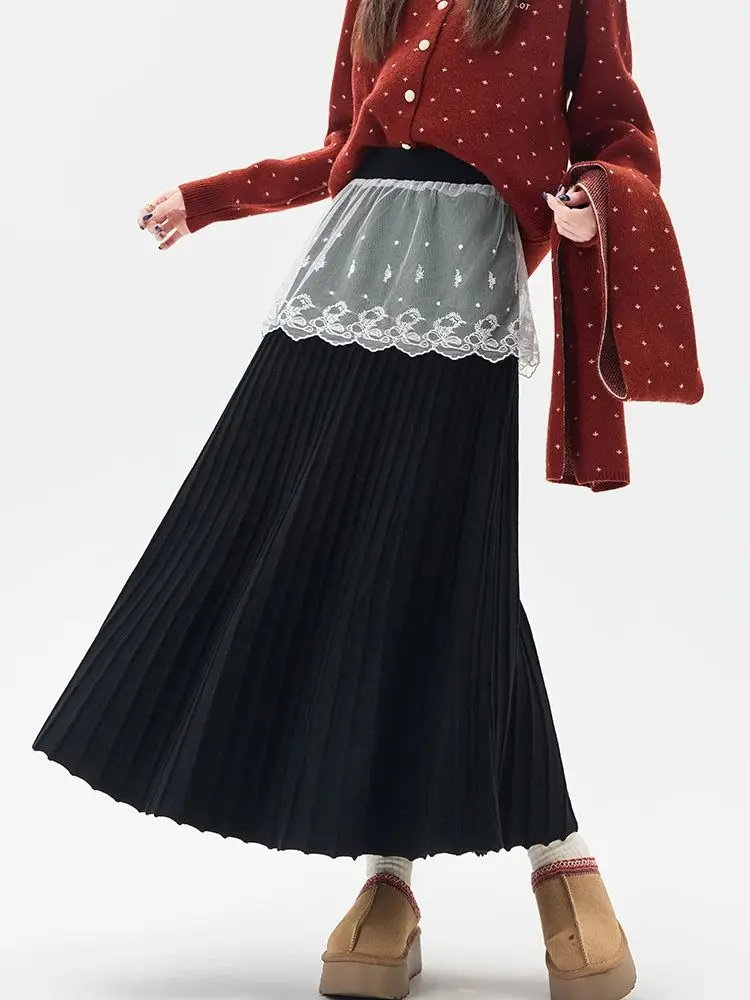 

Вязаная юбка-миди с высокой талией и кружевными вставками — расклешенный подол трапеции, новая дизайнерская женская юбка осень-зима 2025 г.