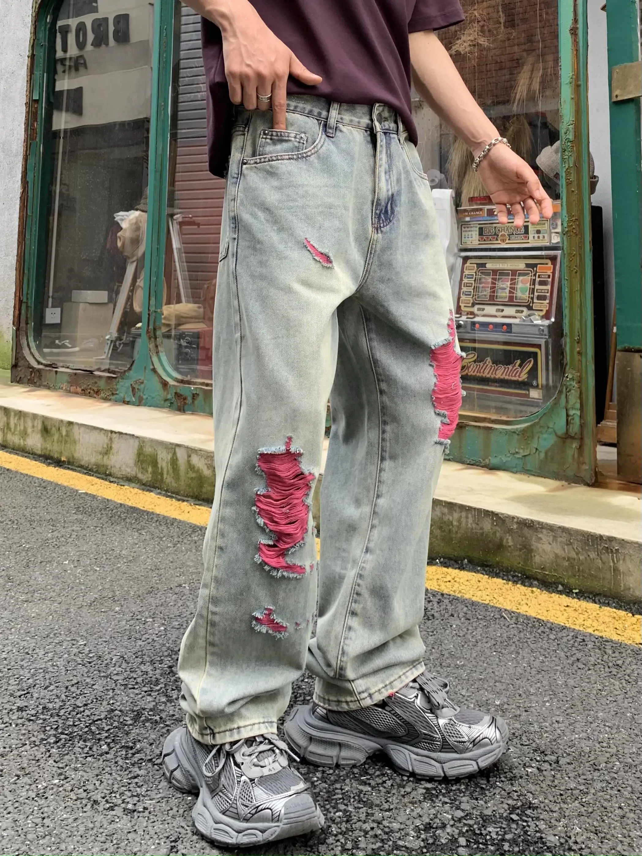 

High Street Vibe Men's And Women's Design Sense Frayed Hem Hole Denim Jeans Straight Loose Wide Leg Long Pants Casual Cotton ...