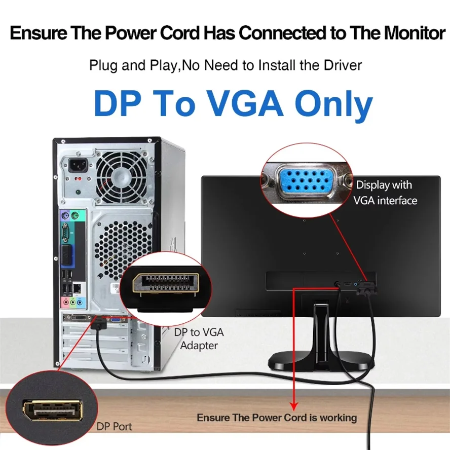 HD 1080P DP TO VGA Cable DP Display Port to VGA Adapter Conversion HD Video Cable For TV Monitor PC Laptop Computer Projector