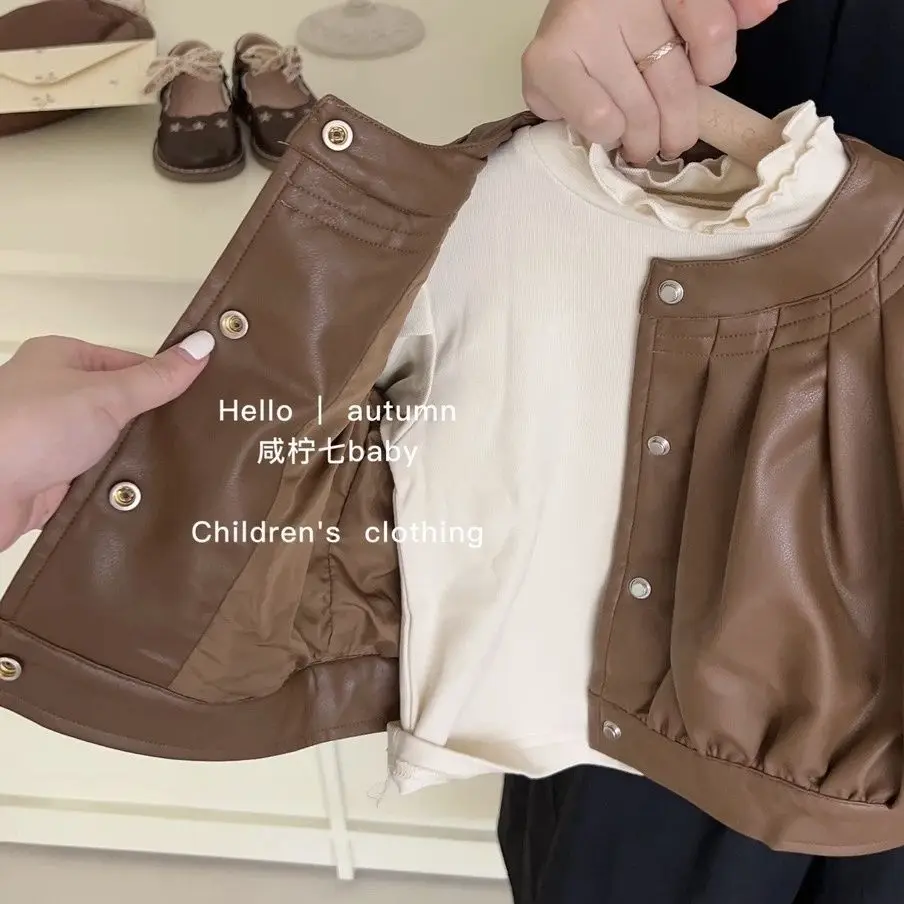 Baby Girls Sets Fashion Leather Jacket Base Shirts Sweet Pleated Skirt  2024 Autumn New Korean Style Childrens Three Piece Sets