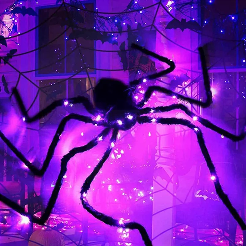 Halloween Spider Decor, Fake Giant Spider with Purple LED Lights, Light Up Black Hairy Spider for Halloween Yard 90CM