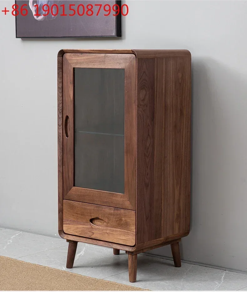 N North American Black Walnut Solid Wood Glass Door Wine Cabinet Home Living Room Italian Minimalist Practical Side Cabinet