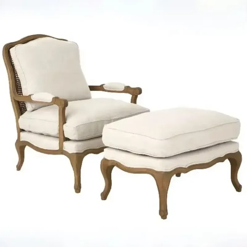 2026 Hot Sale Antique French Farmhouse Wooden Armchair with Stool for Living Room Furniture Accent Chair