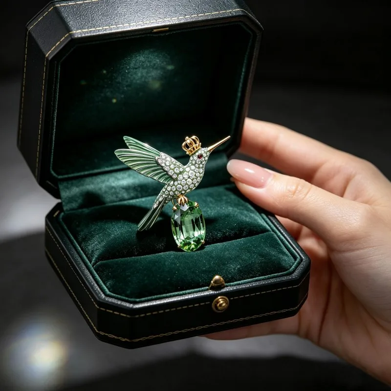 Custom Vintage Crown Hummingbird Brooch Enamel Simulated Emerald Lapel Pin Luxury Banquet Jewelry Birthday Gift for Wife Girlfri