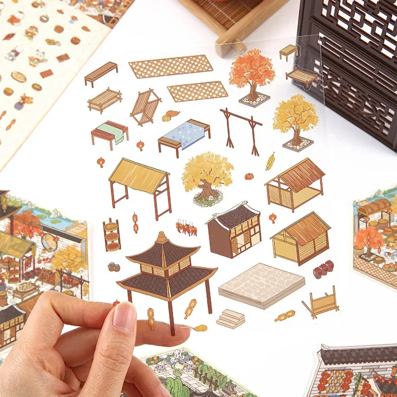 Retro Courtyard Landscaping 3D Miniature Party Sticker Cat Management Game Play House Stickers Student Decompression DIY Paster