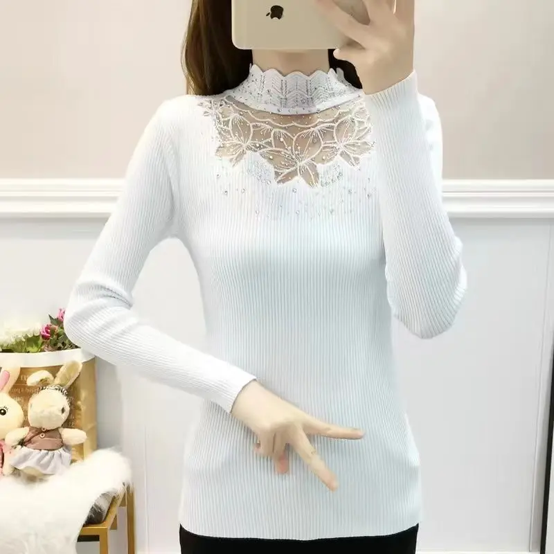 2023 Autumn and Winter Women\'s Half High Neck Knit with Lace and Diamond Slim Fit Casual Elegant Commuter Long Sleeve Sweater