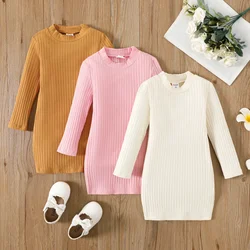 PatPat Fall Toddler Girl's Basic Knit Dress, One-Piece, Cotton-Spandex Blend Solid color Suitable for Autumn Season