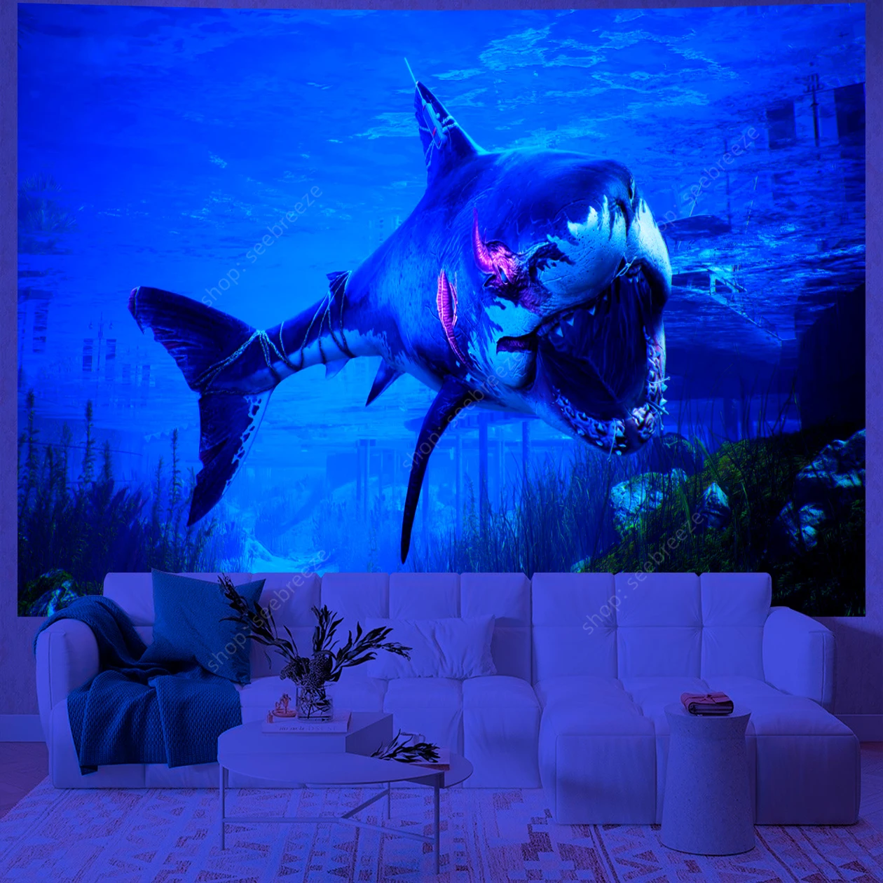 Animal Tapestry Psychedelic Shark UV Reactive Tapestry Wall Hanging for Hippie Room Decor Aesthetics Beach Towel Gift for Friend