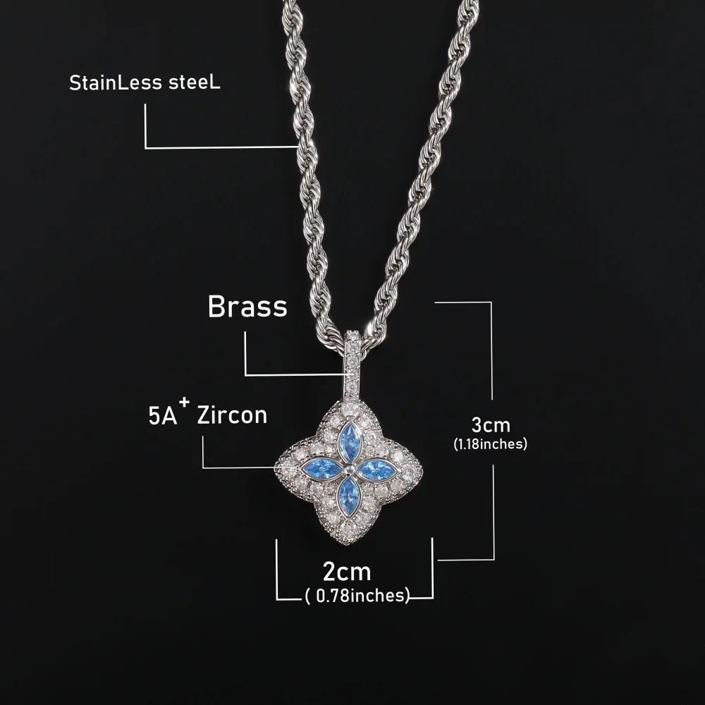 Naszyjnik z zawieszką w kształcie kwiatka z lodowym błękitem i cyrkoniami sześciennymi 5A+, modny naszyjnik z łańcuszkiem typu rope, luksusowy prezent w stylu hiphop dla kobiet i mężczyzn.