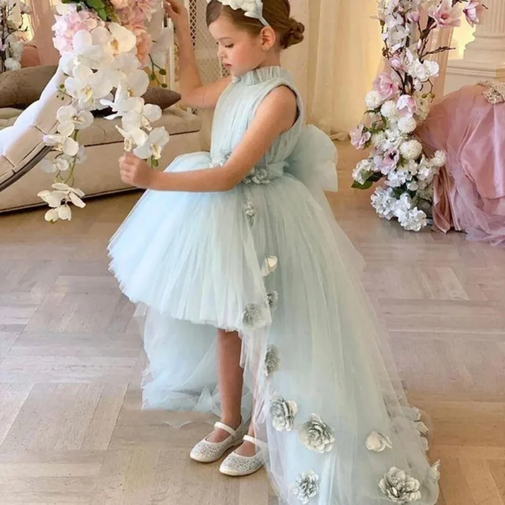 

Light Green Applique Flower Girl Dress Big Bow O-Neck Pleat Sleeveless High Low Baby Birthday Party First Communion Wedding Gown