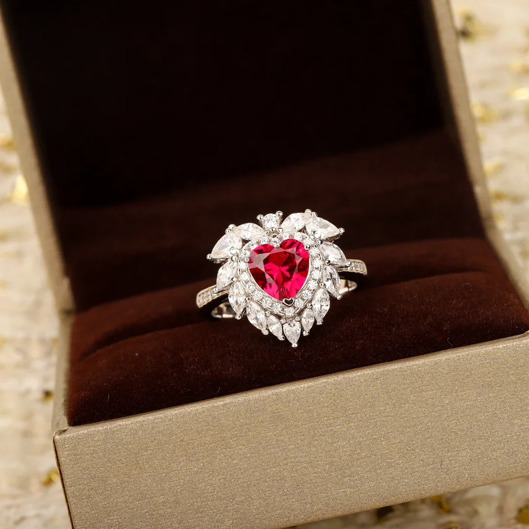 

Top Quality Fine Jewelry Red Heart 925 Silver Ring Woman Exquisite Wedding Gift Trend