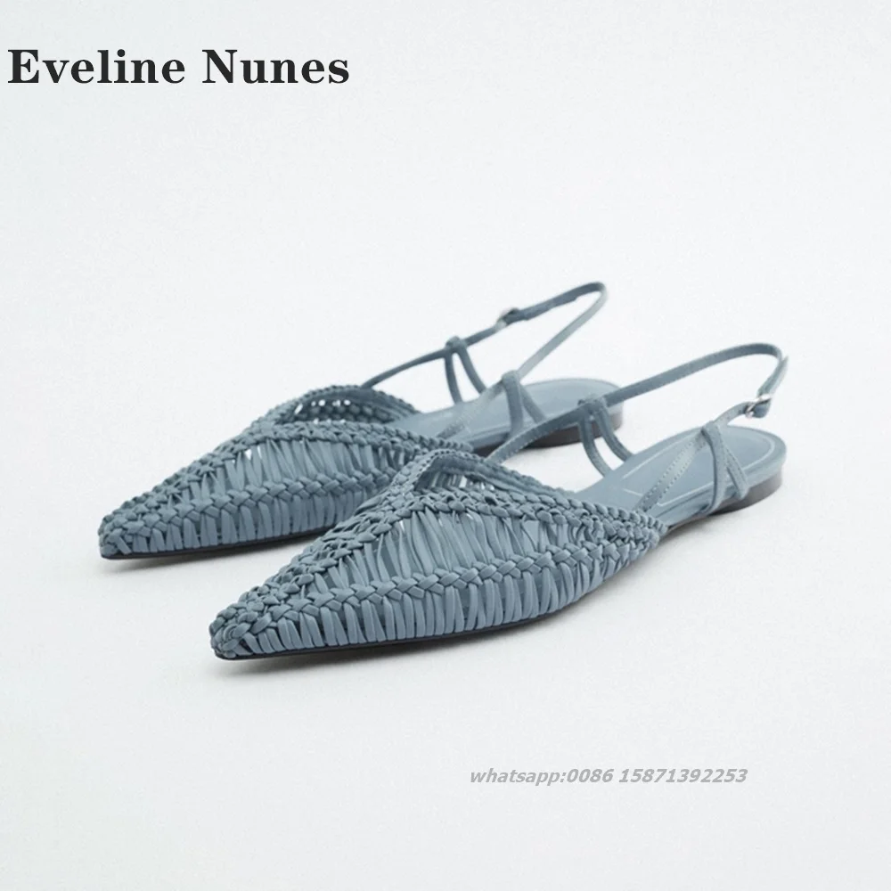 

Woven Straight Strap Flat Sandals Pointed Toe Slingback Hollow Rome Pumps Blue Buckle Strap Casual Women's Shoes 2024 Brands New