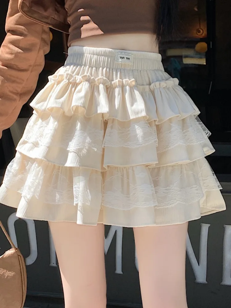 Zoete en pittige kanten rand ort rok hoge taille A-lijn gezwollen f-lengte dames Ciwalk polyestervezel elastische taille