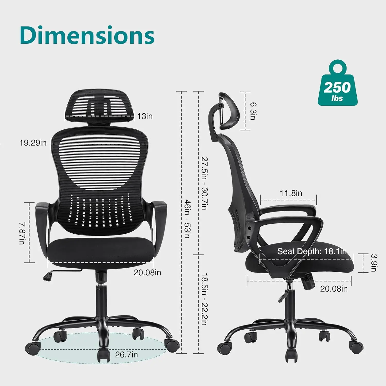 Chaises de Bureau Ergonomiques à Dossier Haut, en Maille, Roulantes, avec Roues et Repose-Sauna Réglable, pour le Travail à Domicile