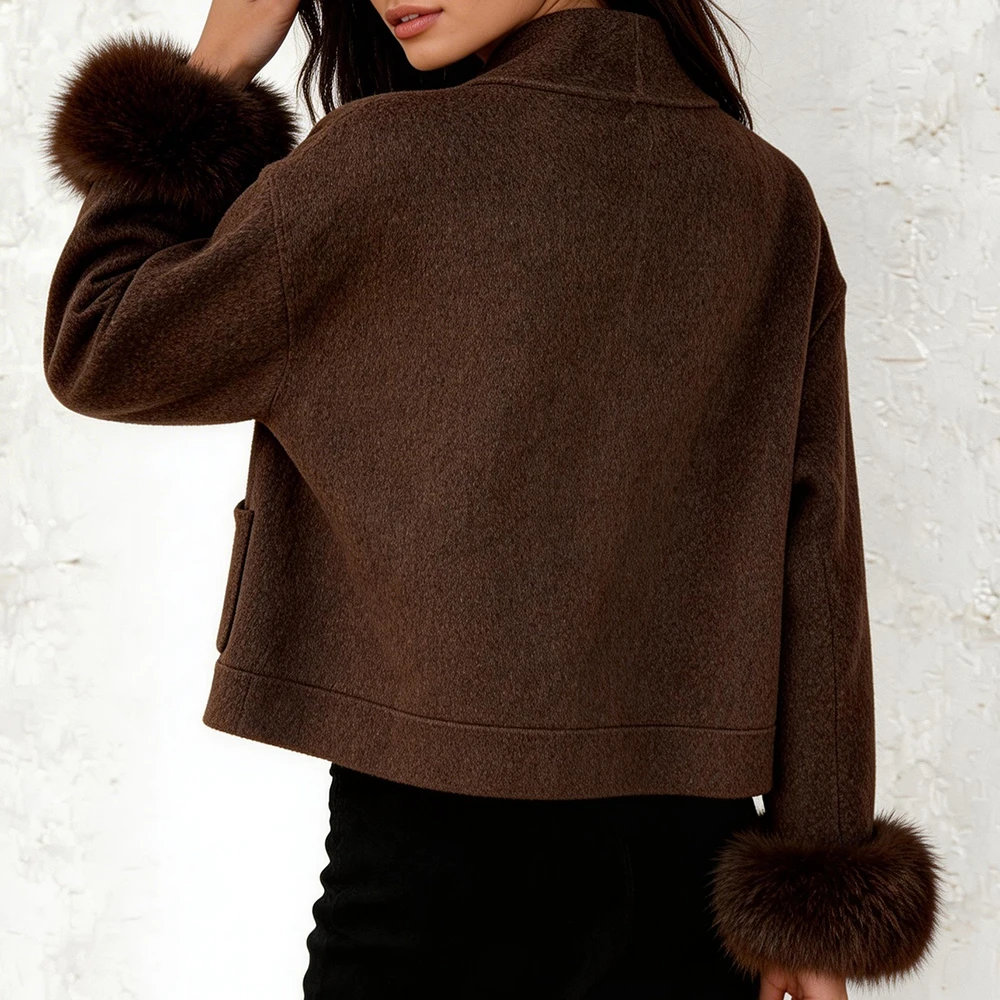 OFTBUY Elegante Warme Oberbekleidung Damen Luxus Doppelseitiger Wollmantel Winter Offene Fronttasche Echte Fuchspelz-Manschetten Wollmantel – Detail 9