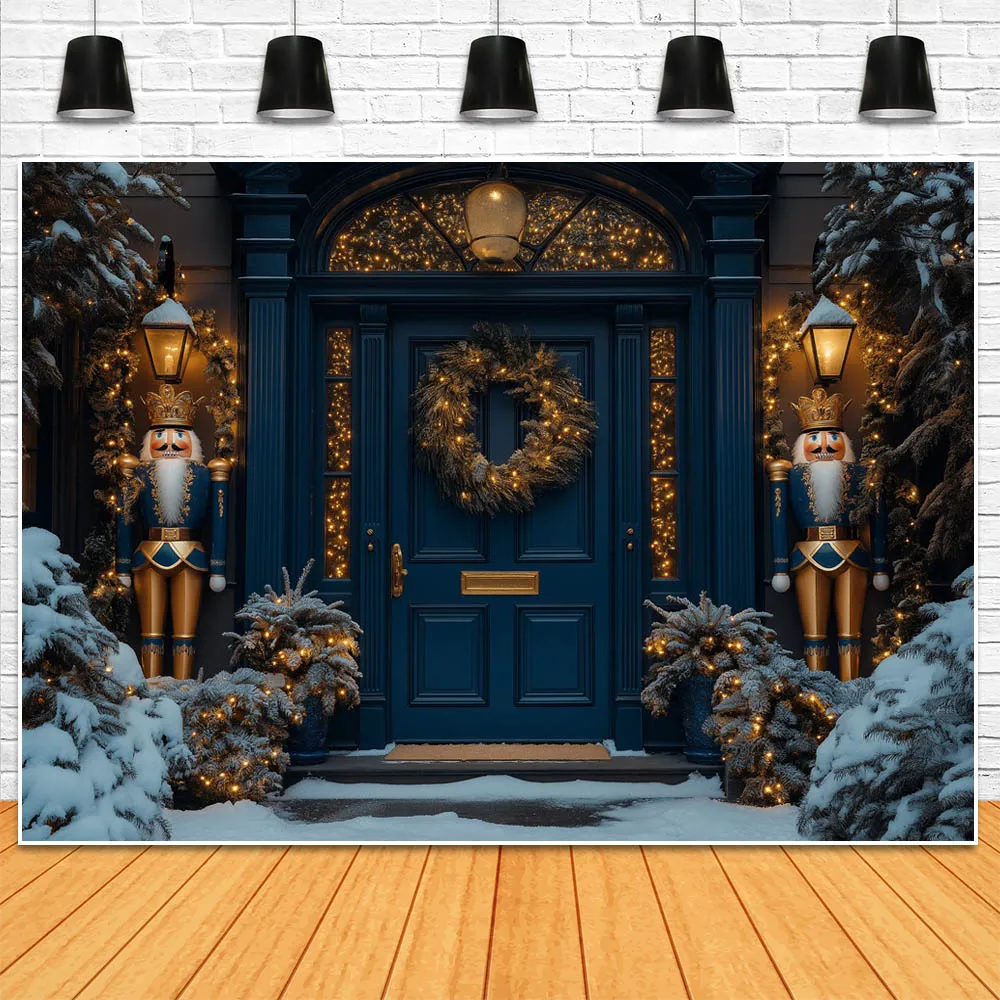 사진 촬영용 모시카 크리스마스 겨울 눈 배경, 빈티지 블루 문짝 눈송이, 야외 마당 어린이 초상화 사진 배경