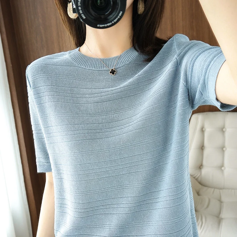 100% cotton round neck thin loose breathable pullover short sleeve 2023 summer new women\'s casual knitting half sleeve top T-shi