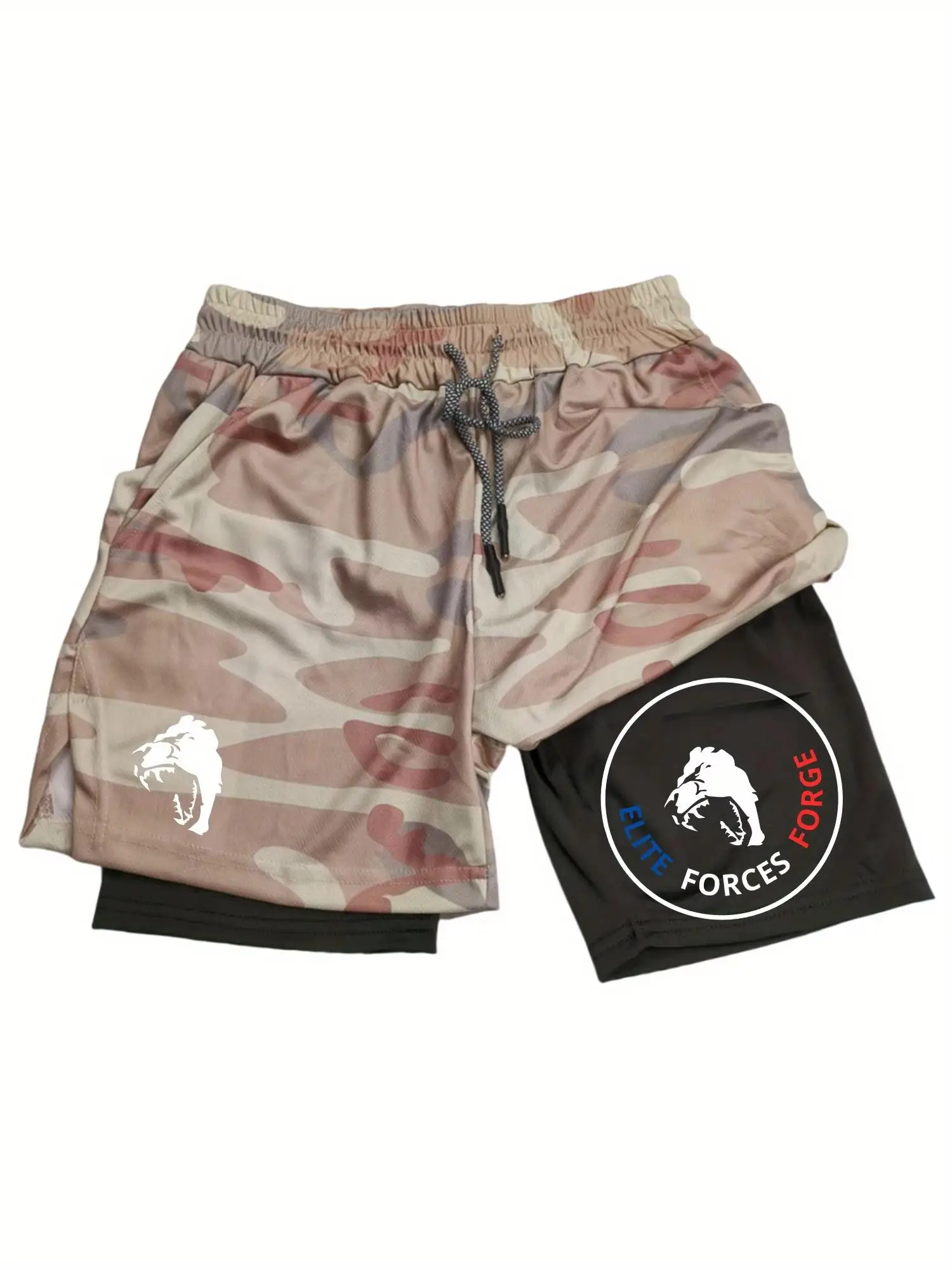 

Men's Sports Shorts Double Layer Quick-Dry Special Forces Training Design Tiger Head ELITE FORCE FORGE Print Drawstring Waist