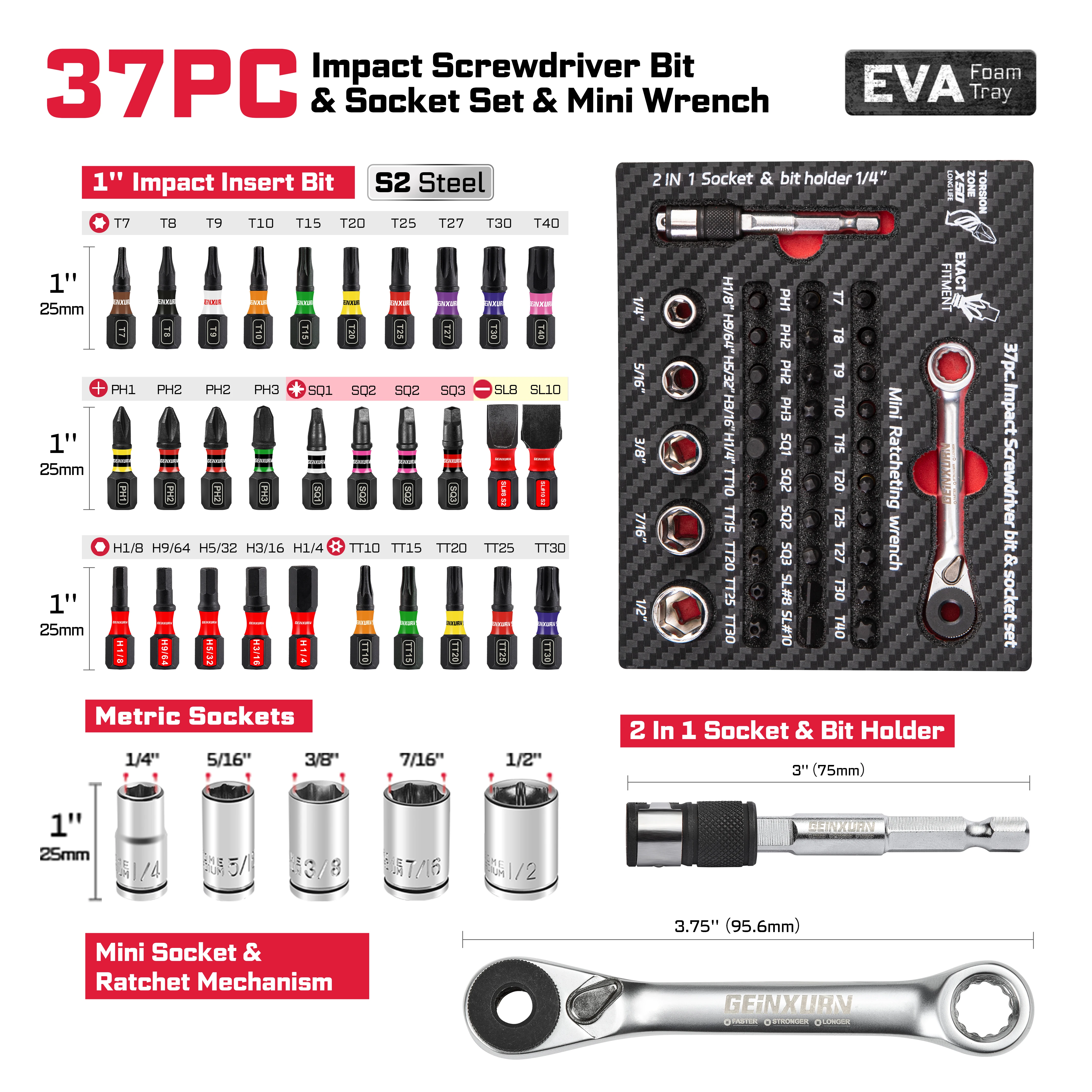 GEINXURN Impact Screwdriver Bit Set, Sockets, Extension Bars, Double-Ended Mini Ratchet Wrench,Motorcycle Repair Tools