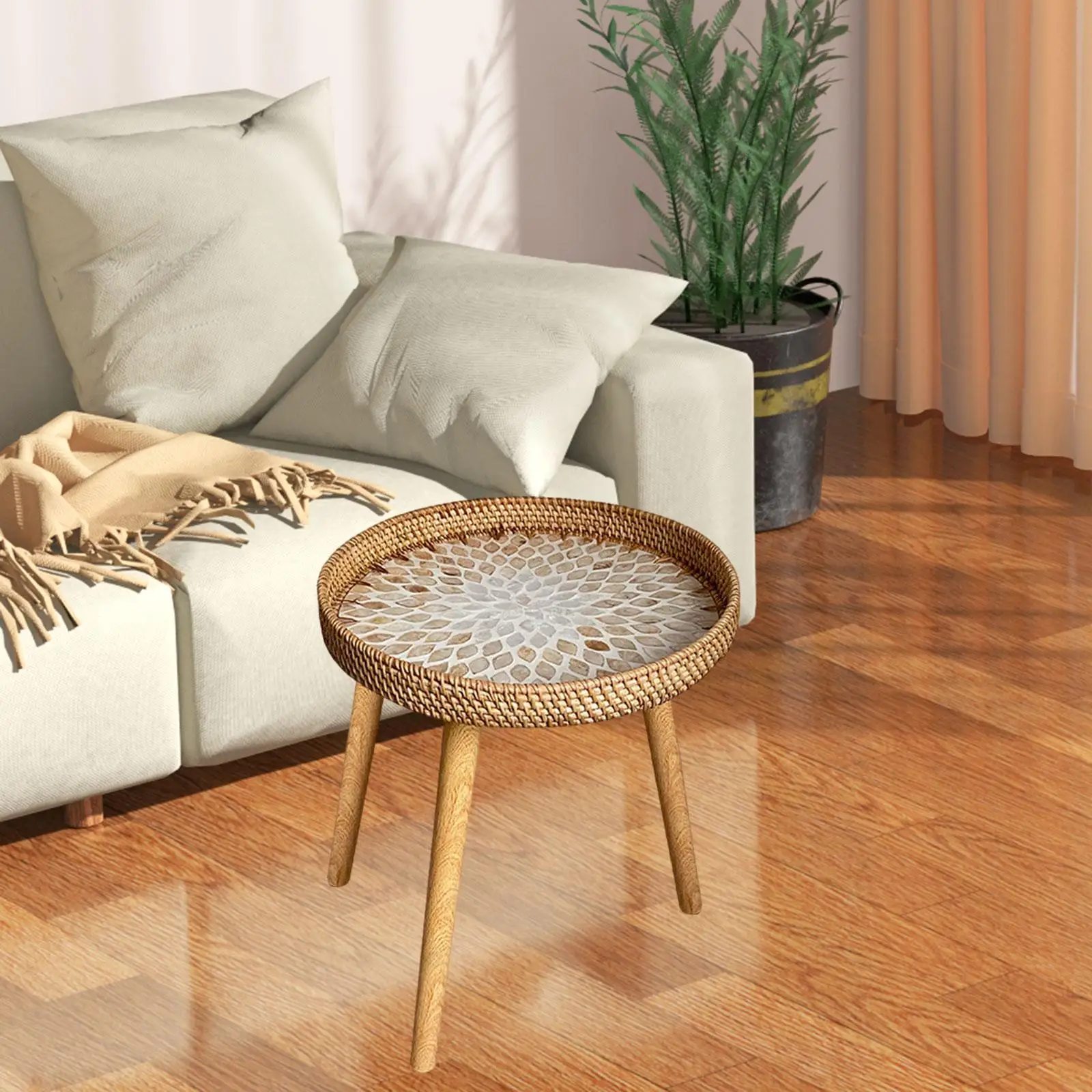 Rattan Side Table NightStand Holder Rack Bedside Table Modern End Table Plant Stand for Indoor Proch Garden Balcony Bedroom