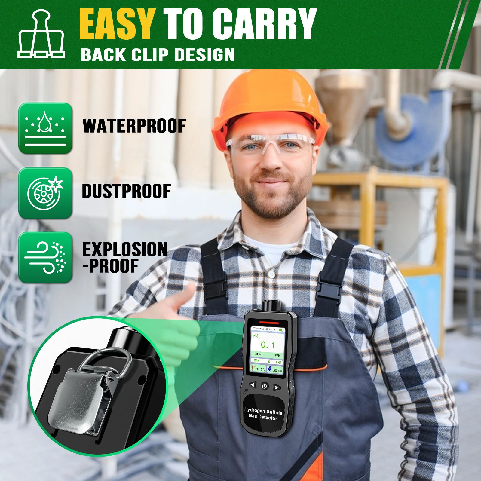 Hydrogen Sulfide Gas Detector 0-100 PPM with 3 Alarm Modes, 16H Long Battery Life, H2S Air Quality Meter with Temp & Humidity Te