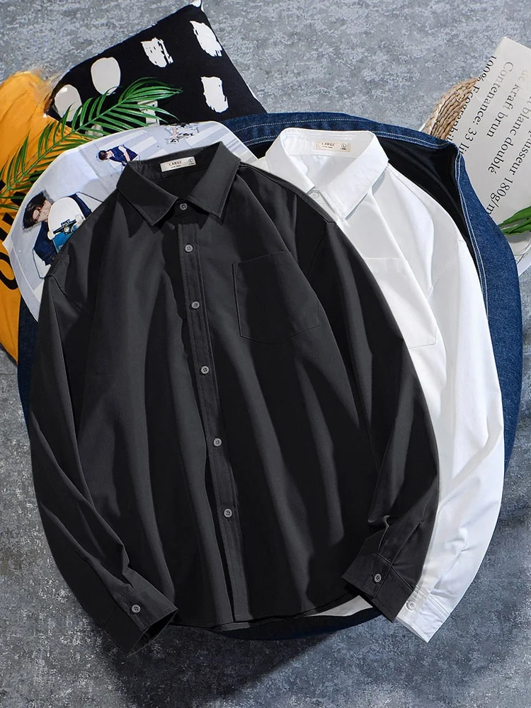 

Мужская свободная рубашка с длинным рукавом, белая, базовая, для пар, в студенческом/академическом стиле, японский свободный крой, из полиэфирного волокна