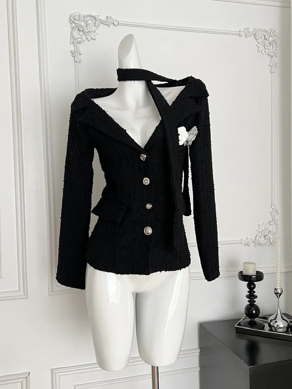 

Ele V-ne Long Sve Женский твидовый топ для похудения, модная осенняя верхняя одежда с прокладкой и цветочным узором