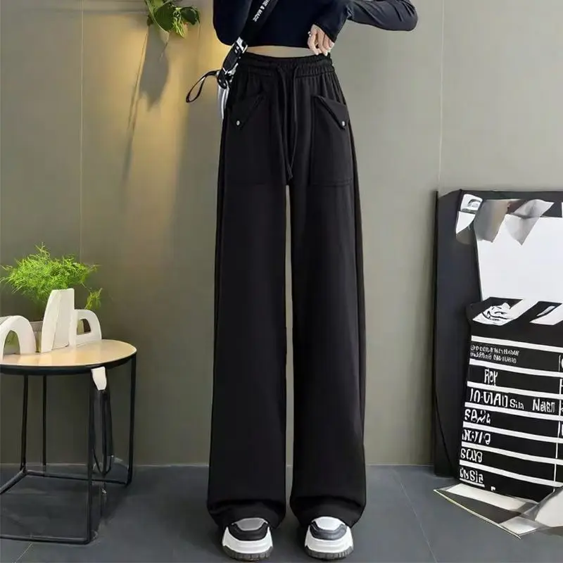 

Autumn Winter Fleece Thick Wide Leg Women Simplicity Office Lady Solid Color Straight Fashion High Waist All-match Casual Pants
