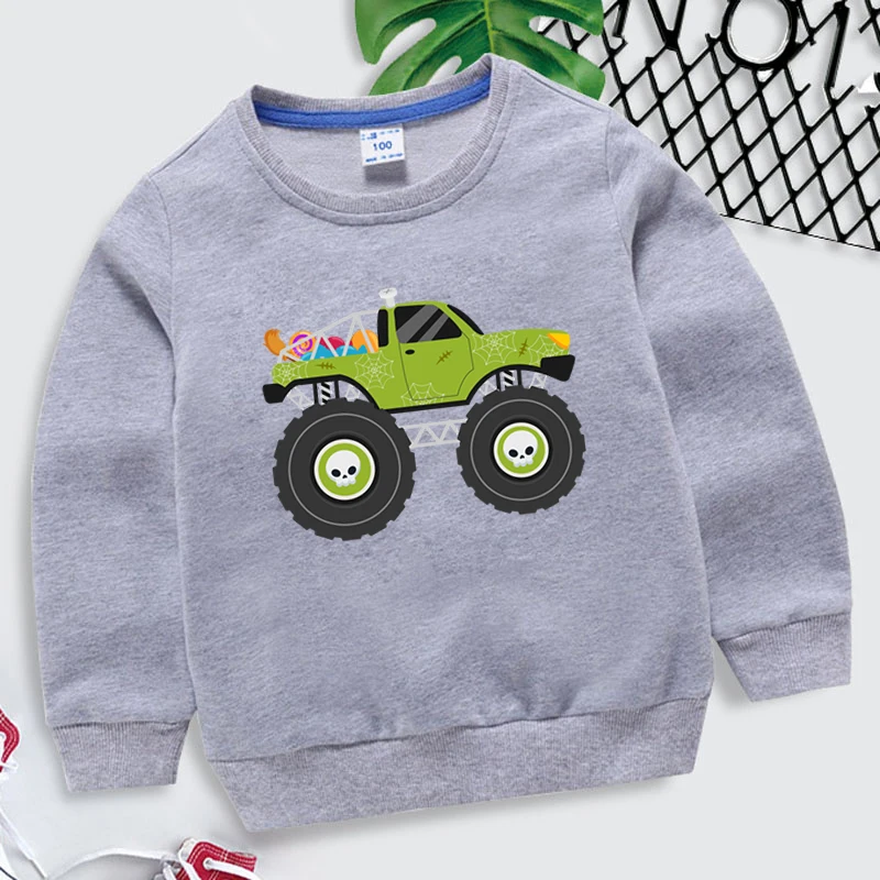 Spring Autumn Kids Halloween Monster Truck Sweatshirts Trendy Cartoon Style Tracksuit for Boys Girls Round Neck Halloween Hoodie