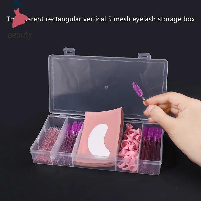 Caja de almacenamiento de herramientas de extensión de pestañas transparente con cubierta rectangular Vertical, soporte de pinzas de pegamento, organizador de maquillaje, 5 rejillas