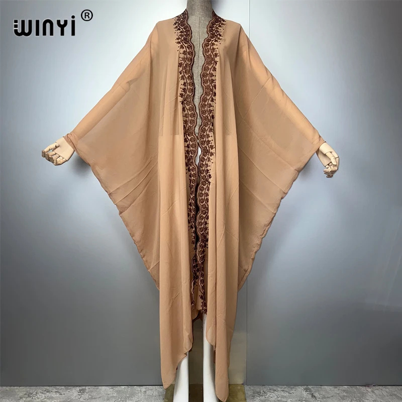 WINYI boho kimono Chiffon embroidery Cardigan sexy  evening dress abaya dubai luxury cover-ups beach outfits women party dress