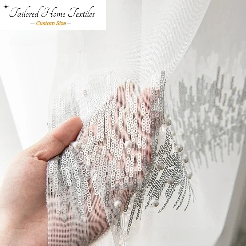 Custom Size Fashion Pearl Sequins Luxury White Tulle Grey Sheer Curtains for Living Dining Room Bedroom  Window Screen Decor