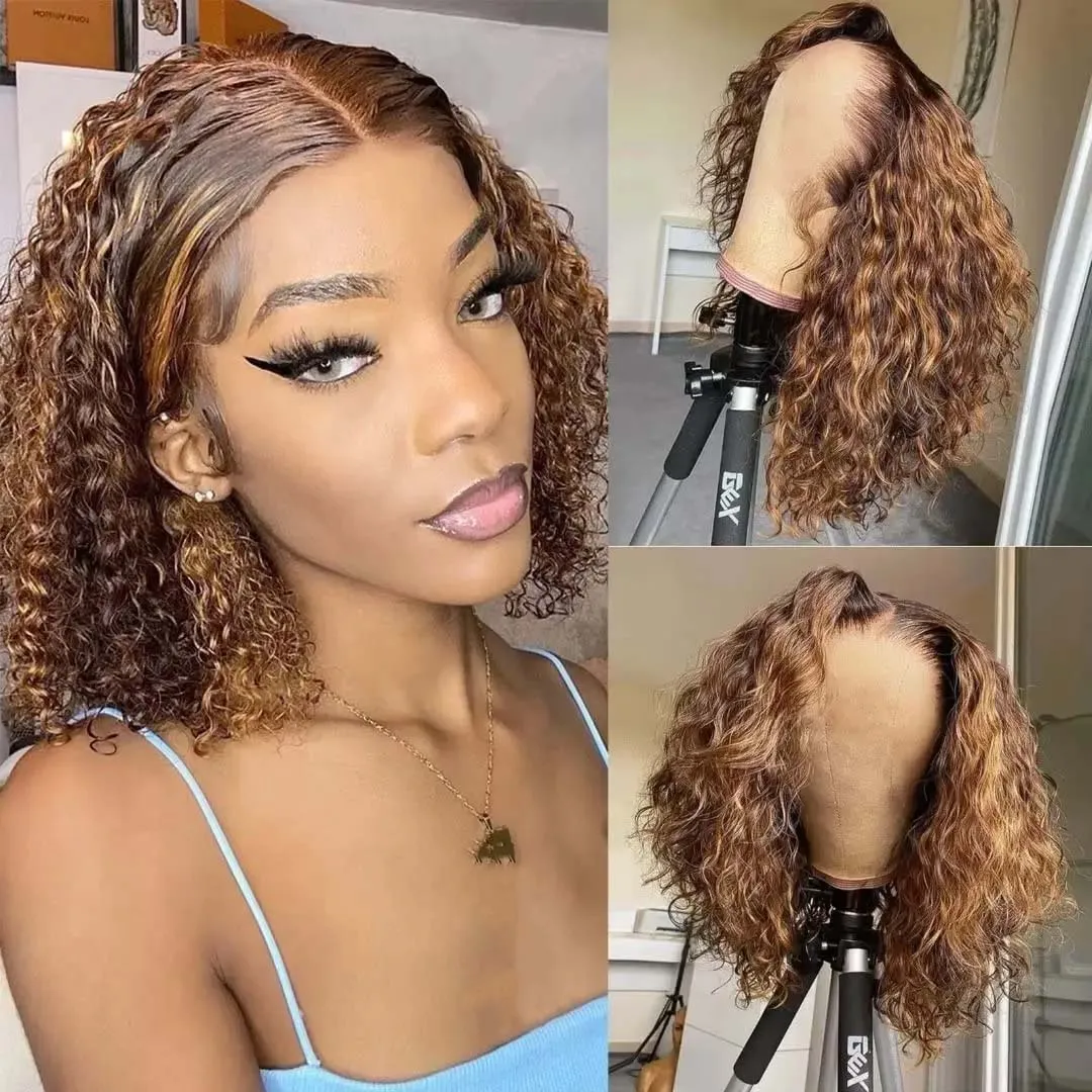 Highlight Deep Wave Human Hair Wig 13x4 Lace Frontal Curly Lace Wig 180% Density Short Curly Bob Wig For Women 4/27 Color