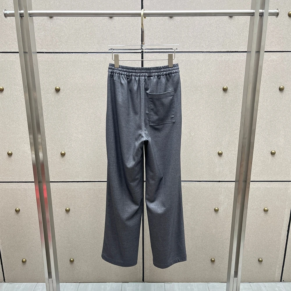 Women Wool Blend Drawstring Wide Leg Pants Elastic Waist Straight Trousers Loose Casual Office Commuter Floor Length Pants