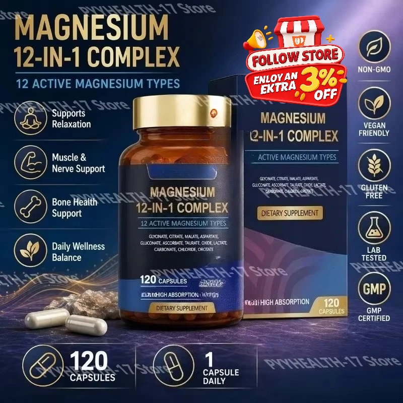 Magnesium 12-In-1 Complex Capsules 12 Active Magnesium Types High Absorption Glycinate Citrate Forms 120 Capsules