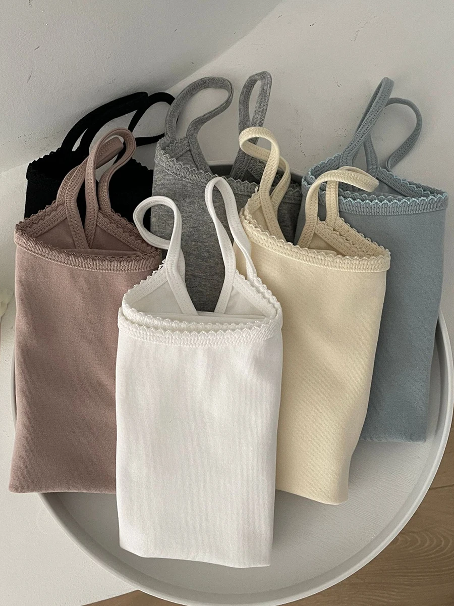 

Бавовняные базовые укороченные топы с кружевной отделкой, женские летние однотонные простые тонкие майки, женские милые милые универсальные новые камзолы Y2k, одежда