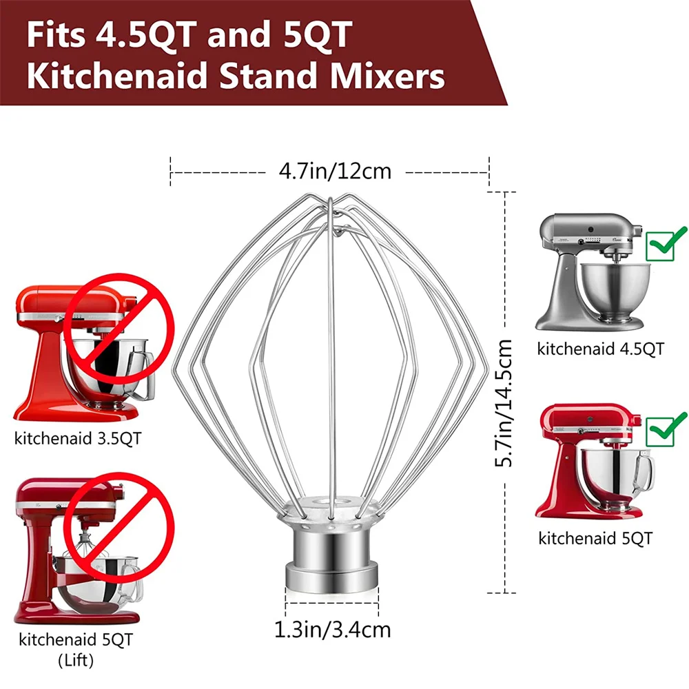 K45WW Steel Wire Whip for KitchenAid Artisan Series Tilt-Head Mixer 4.5 & 5 Quart Bowl 6 Wire whisk Fits