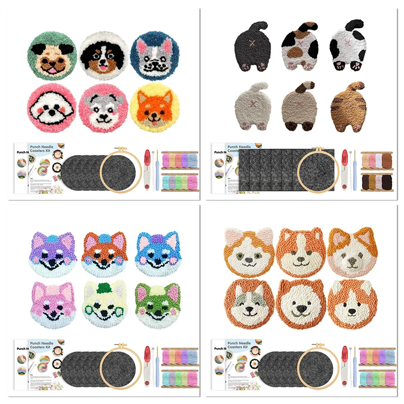 

6pcs Dog Pattern Punch Needle Coasters Kit for Beginners Adults Embroidery Punch Needle Kits Tufted Rug Punch Decoration