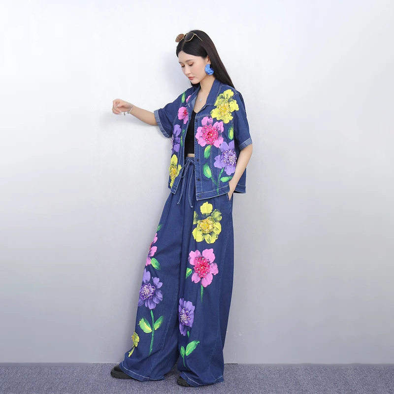 WTHT 빈티지 2025 여름 여성 정장 인쇄 반팔 데님 코트 드로잉 탄성 높은 허리 스트레이트 진 세트 여성 1LS1917