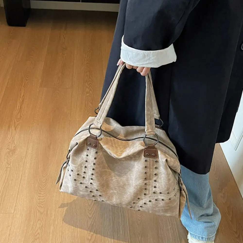 

PU Leather Rivet Shoulder Bags Retro American Style Large Capacity Locomotive Style Underarm Bag Korean Style Solid Color