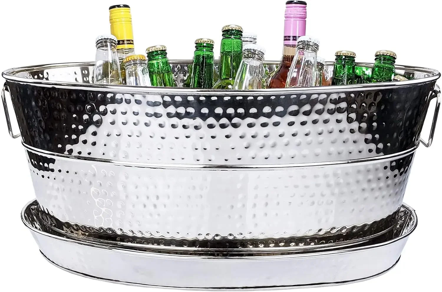Aspen Stainless Steel Silver Beverage Tub with Stainless Steel Serving Tray - Heavy-Duty Metal Ice and Drink Bucket