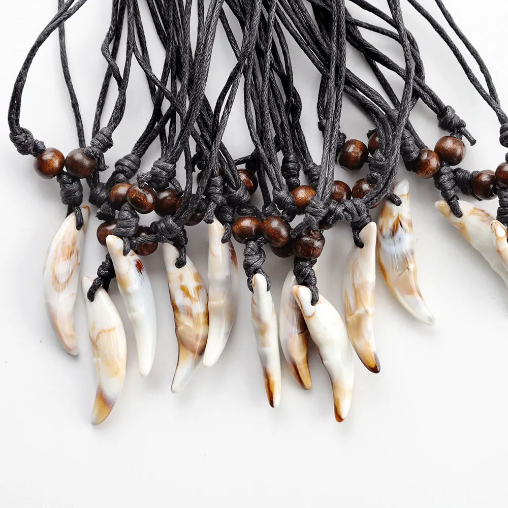 12Pcs Immitation Yak Bone Wolf Tooth Pendant Necklace With Black Wax Cord and Wood Beads For Surfer Lucky Amulet Necklace