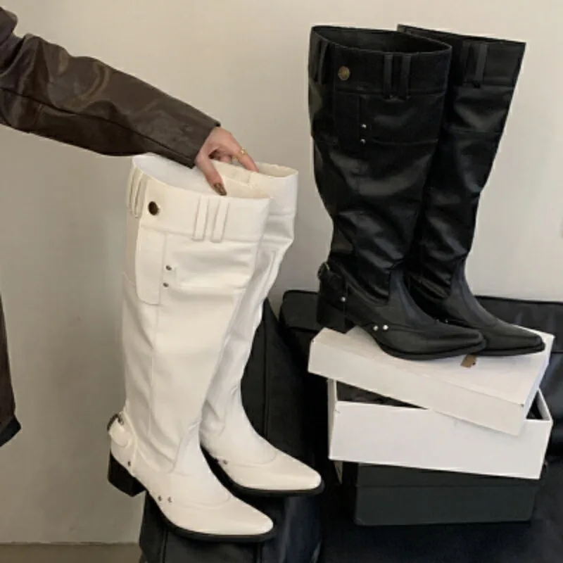 

Women Boots Knee High Long Shoes Woman Pointed Toe Chunky Heels Winter Boots Fashion Belt Buckle Rivet Wide-Leg Women Boots