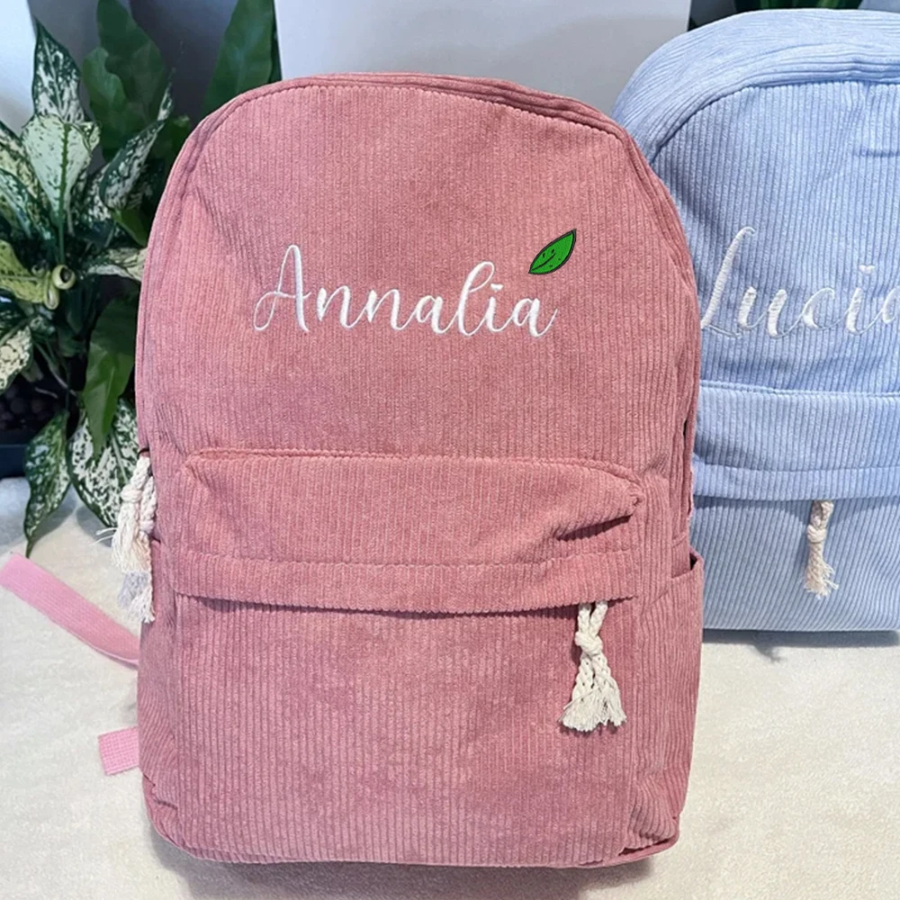 

Personalized Name Large Capacity Backpack Kids Travel Corduroy Snack Bag Custom Embroidered Birthday Gift Shoulder School Bags