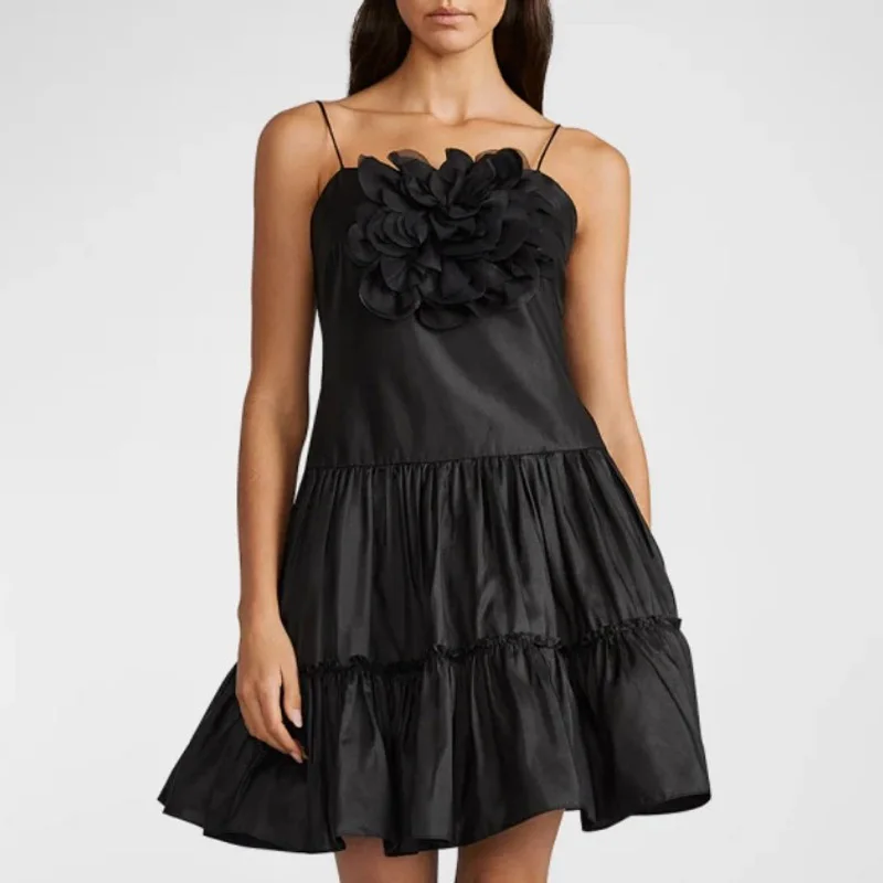 

Spaghetti Strap Black Satin Dress A-line Mini Length Ruffled Floral Dress Sleeveless Mini Length Women Clothing For Party