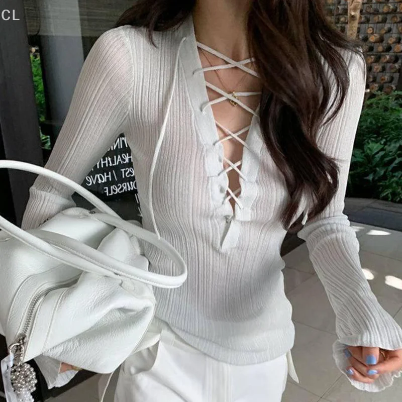 韓国ヴィンテージセクシーな V ネックレースアップ長袖薄いスリムニットトップ女性のための