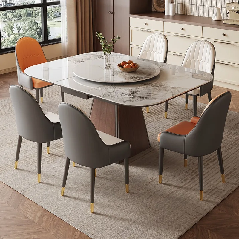 

High-end telescopic rock slab dining table Small apartment with induction cooker with turntable dining table Household