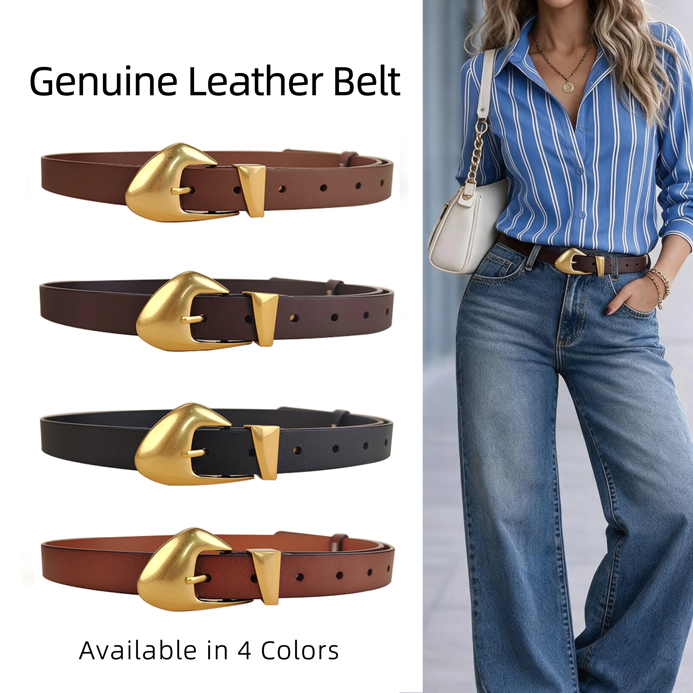 Women Full Grain Leather Slim Belt  Minimalist Irregular Curved Gold Alloy Pin Buckle Genuine Leather Belt  For Jeans and Dresse