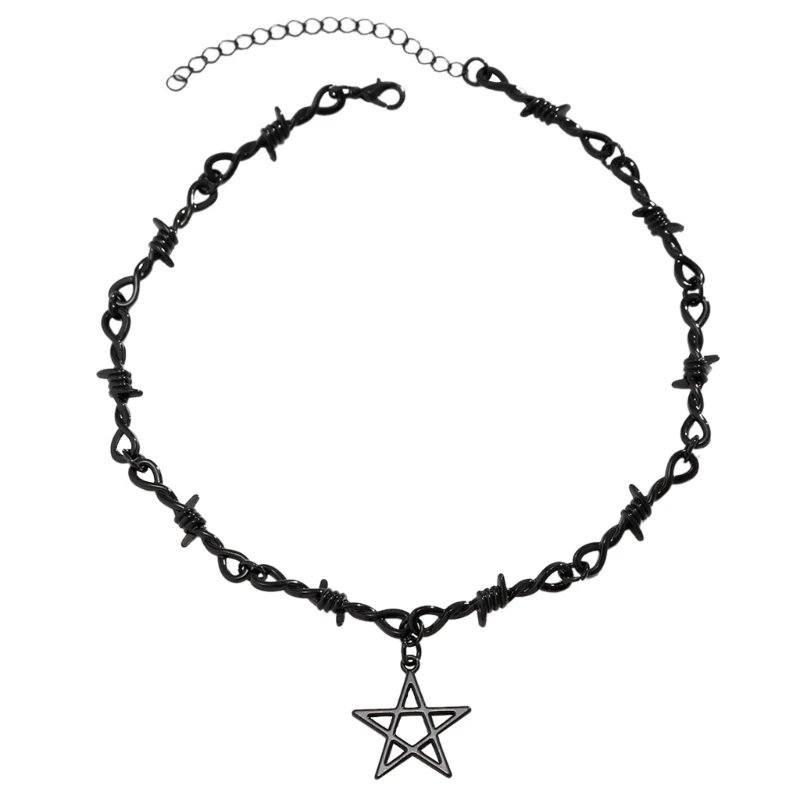 Punk Thorn Choker Necklace Gothic Style Metal Chain Star Charm Pendant Neckchain Cool Girls Neckwear for Women Lady