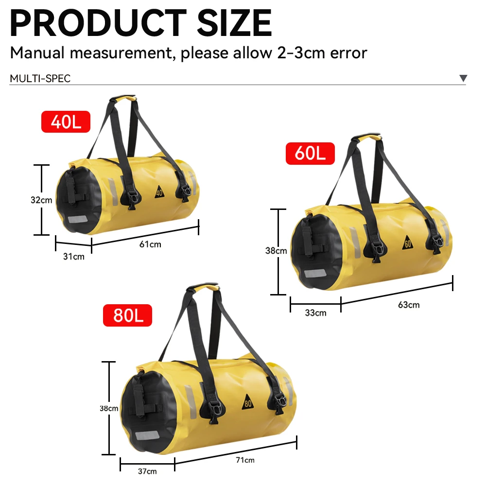 Motorcycle Outdoor PVC Dry Sack Bag Waterproof 40L 60L 80L Motorbike Shoulder Bag, Diving, Swimming, Hiking Driving Travel Bag